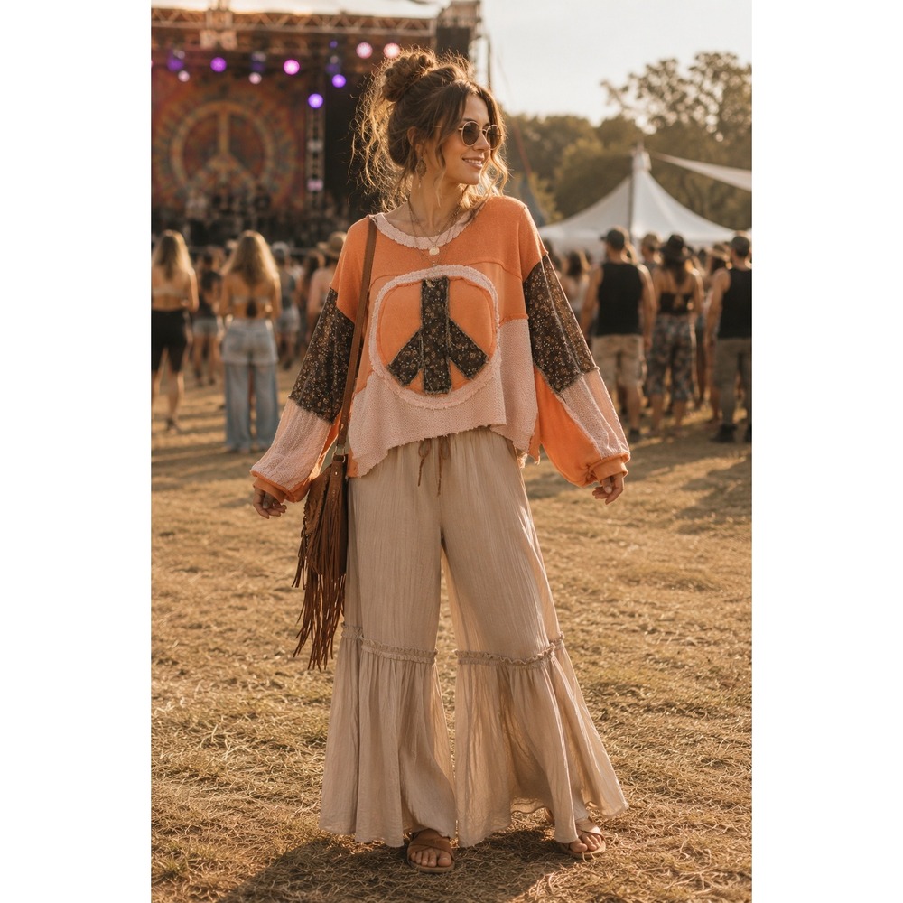 Boho Festival POL Peace Sign Patchwork Oversized Orange Pink Floral M Sweatshirt